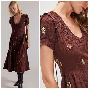 Free People Maisie Floral Embroidered Midi Dress in Brown Combo Size M NWT